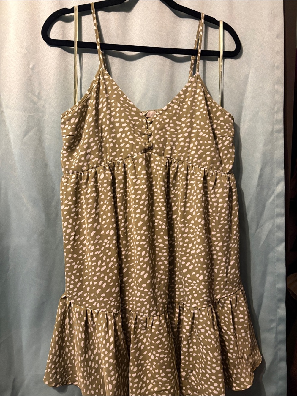 Spotted Tiered Mini Sundress in Tan with White Print